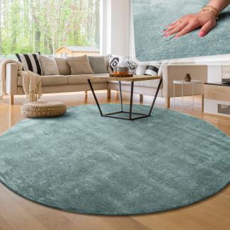 Paco Home Waschbarer Teppich Wohnzimmer Schlafzimmer Kurzflor rutschfest Flauschig Weich Moderne Einfarbige Muster, Grösse:200 cm Rund, Farbe:Türkis