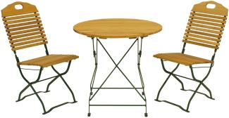 Kurgarten - Garnitur BAD TÖLZ 3-teilig (2x Stuhl, 1x Tisch 77cm rund), Flachstahl grün + Robinie, klappbar