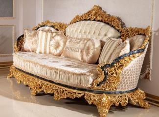 Casa Padrino Luxus Barock Sofa Gold / Mehrfarbig / Blau / Gold - Prunkvolles Wohnzimmer Sofa mit elegantem Muster - Barock Wohnzimmer Möbel - Edel & Prunkvoll