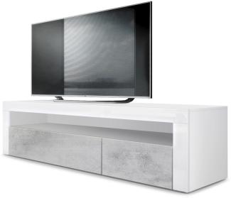 Vladon Lowboard Valencia, TV-Kommode mit 1 offenem Fach und 2 Klappen, Weiß matt/Beton Oxid Optik/Weiß Hochglanz (155 x 46 x 40 cm)