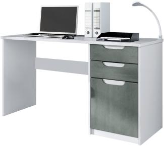 Vladon Schreibtisch Logan, Bürotisch mit 2 Schubladen und 1 Tür, Weiß matt/Beton Dunkel Optik (129 x 76 x 60 cm)