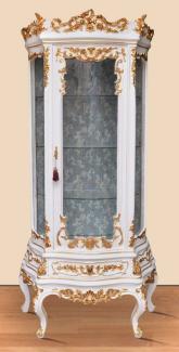 Casa Padrino Barock Vitrine Weiß / Gold - Prunkvoller Barock Vitrinenschrank mit Glastür und Schublade - Handgefertigte Barock Wohnzimmer Möbel