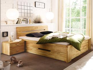 Massivholzbett Caspar + Nachttisch Wildeiche geölt Stauraumbett Bett 200 x 200 cm, Bett + 2x Nako