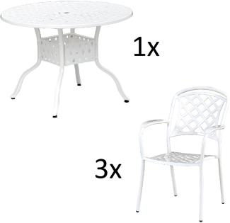 Inko 4-teilige Sitzgruppe Aluminium Guss weiß Tisch Ø 106 cm mit 3 Sesseln Tisch Ø106 cm mit 3x Sessel Capri