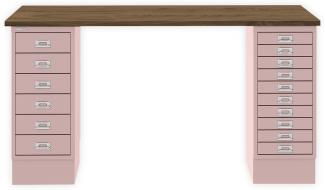 MultiDesk, 1 MultiDrawer mit 10 Schüben, 1 MultiDrawer mit 6 Schüben, Dekor Nussbaum, Farbe Pastellpink, Maße: H 740 x B 1400 x T 600 mm