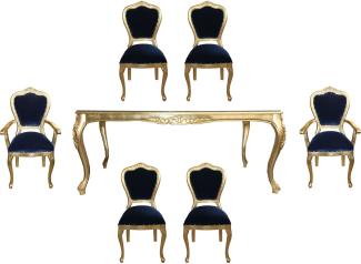 Casa Padrino Luxus Barock Esszimmer Set Royalblau / Gold - 1 Esstisch mit Glasplatte und 6 Stühle - Barock Esszimmermöbel - Made in Italy - Luxury Collection