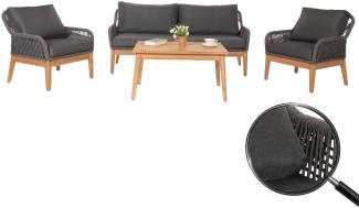 Gartengarnitur HWC-H56b, Lounge-Set Gartenlounge Sofa Sessel Tisch, Seilgeflecht Rope Holz Akazie ~ dunkelgrau