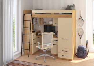 Domando Hochbett Tremosina Modern Breite 204cm, mit integrierten Schränken, Schreibtisch, Regal und Spiegel in Artisan Eiche und Creme