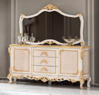 Casa Padrino Luxus Barock Möbel Set Sideboard mit Spiegel Beige / Weiß / Gold - Prunkvoller Massivholz Schrank mit elegantem Wandspiegel - Möbel im Barockstil
