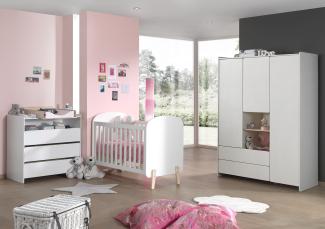 Babyzimmer Set Kiddy best. aus: Babybett 60 x 120 cm, Kommode Wickelaufsatz und Kleiderschrank 3-trg., Ausf. MDF weiß lackiert