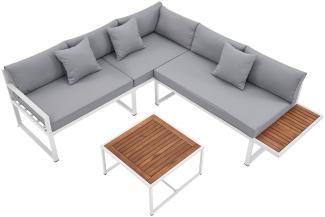 Juskys Gartenmöbel Lounge St. Tropez - 4 Personen Sitzecke - Set mit Tisch, Ecksofa & Kissen - Möbel für Balkon & Garten - Holz Balkonmöbel Weiß