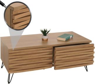 Couchtisch HWC-M49, Wohnzimmertisch Tisch, 3D-Design 2 Schubladen Massiv-Holz Mango Metall 46x110x55cm ~ natur