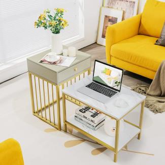 COSTWAY 2er Set Couchtisch mit Marmoroptik, Beistelltisch mit goldfarbenem Metallbeinen, Kaffeetische Satz modern für Wohnzimmer und Schlafzimmer, weiß und grau