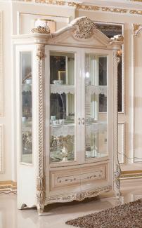 Casa Padrino Luxus Barock Vitrine Weiß / Beige / Gold - Barockstil Vitrinenschrank mit 2 Glastüren - Luxus Esszimmer Möbel im Barockstil - Barock Esszimmer Möbel