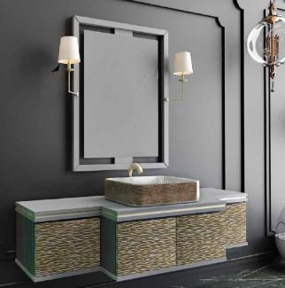 Casa Padrino Luxus Badezimmer Set Grau / Gold / Schwarz - 1 Waschtisch mit 4 Türen und 1 Waschbecken und 1 Wandspiegel mit 2 Wandleuchten - Luxus Kollektion