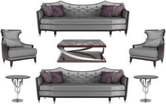 Casa Padrino Luxus Wohnzimmer Set Silber / Schwarz / Dunkelbraun - 2 Sofas & 2 Sessel & 1 Couchtisch & 2 Beistelltische - Luxus Wohnzimmer Möbel