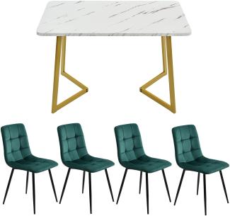 Merax Esstisch 117*68*75cm mit 4er Set Samt Esszimmerstuhl, Essgruppe, (5-tlg, mit Metallbeine und MDF Platte), Grün