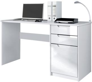 Vladon Schreibtisch Logan, Bürotisch mit 2 Schubladen und 1 Tür, Weiß matt/Weiß Hochglanz (129 x 76 x 60 cm)