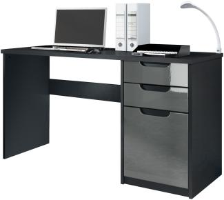 Vladon Schreibtisch Logan, Bürotisch mit 2 Schubladen und 1 Tür, Schwarz matt/Grau Hochglanz (129 x 76 x 60 cm)