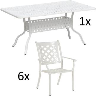 Inko 7-teilige Sitzgruppe Alu-Guss weiß Tisch 150x97x74 cm cm mit 6 Sesseln Tisch 150x97 cm mit 6x Sessel Duke