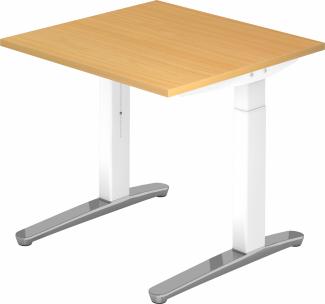 bümö® Design Schreibtisch XB-Serie höhenverstellbar, Tischplatte 80 x 80 cm in Buche, Gestell in weiß/alu poliert