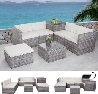Poly-Rattan-Garnitur HWC-D21, Balkon-/Garten-/Lounge-Set Sofa Sitzgruppe, Box Staufach ~ grau, Kissen creme