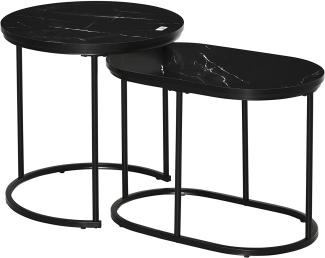 HOMCOM 2er Set Couchtisch Satztisch Rund Oval Beistelltisch Kaffeetisch Stapelbar für Wohnzimmer mit Faux Marmor Seite bis 30 kg MDF Stahl Schwarz Ø50 x 50,5H cm