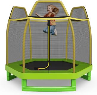 COSTWAY 223 cm Kinder-Trampolin mit Sicherheitsnetz und Federkissen, Outdoor- / Indoor-Trampolin für Kleinkinder mit verzinktem Stahlrahmen, für Jungs und Mädchen Gelb