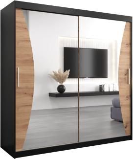 Kryspol Schwebetürenschrank Monaco 200 cm mit Spiegel Kleiderschrank mit Kleiderstange und Einlegeboden Schlafzimmer- Wohnzimmerschrank Schiebetüren Modern Design (Schwarz + Artisan Eiche)