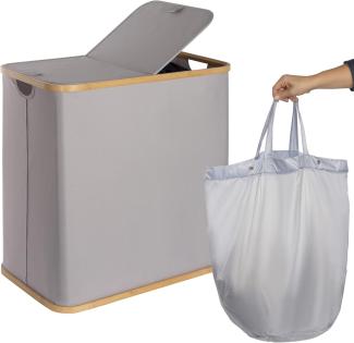 ONVAYA® Wäschekorb mit Deckel | 2 Fächer | Grau | Wäschesammler fürs Badezimmer | Wäschetruhe aus Bambus-Holz & Oxford-Stoff | Pfandflaschen Sammelbehälter