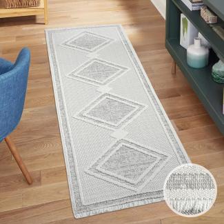 carpet city Teppich-Läufer Kurzflor Flur - Grau, Beige - 80x300 cm - Teppiche Fransen Boho-Style - Raute-Optik - Schlafzimmer, Wohnzimmer