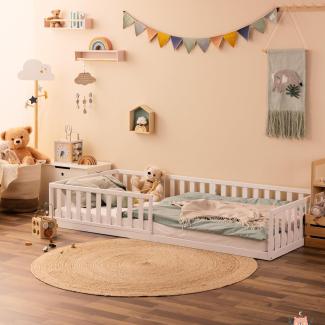 Alcube® Maxi Bodenbett 90x200 mit Rausfallschutz und Rolllattenrost - Montessori Kinderbett 90x200 für Jungen & Mädchen - Kinder Bett aus Kiefernholz für Kinderzimmer - Bett in Weiß