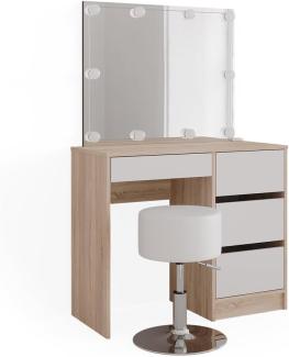 Vicco Schminktisch Sherry Sonoma Weiß, 90 x 75 cm, Spiegel, LED & Hocker, modern