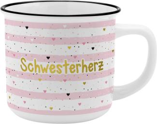GRUSS & CO Becher Motiv "Schwesterherz" | New Bone China Porzellan, Emaille-Optik, 35 cl | Geschenk Schwester | 46978