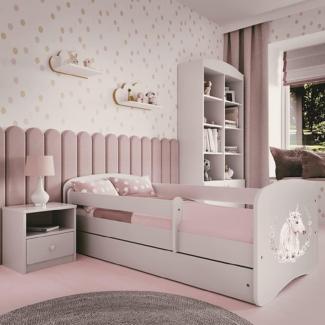 Kinderbett 180x80 mit Rausfallschutz, Lattenrost & Schublade in weiß 80 x 180 Mädchen Bett rosa Einhorn