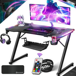 KESSER® Gaming Tisch LED | Z-Form Gamer Schreibtisch | Kopfhörerhaken & Kohlebeschichtung | Ergonomischer PC Computertisch | Stabiler Tisch mit Mauspad & Getränkehalter 100 x 60 cm, Schwarz Carbon mit LED