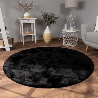 Paco Home Hochflor Teppich Wohnzimmer Flauschig Fellteppich Kunstfell Plüsch Shaggy Weich Fellimitat, Grösse:200 cm Rund, Farbe:Schwarz