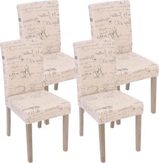 4er-Set Esszimmerstuhl Littau, Stuhl Küchenstuhl ~ Textil mit Schriftzug, creme, Beine Struktur - Eiche