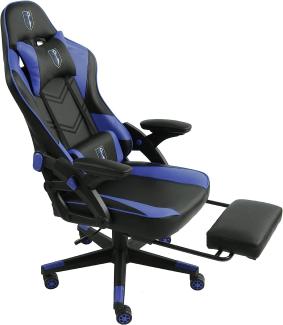 Gaming Stuhl im modernen Racing-Design mit ausziehbarer Fußstütze Gaming Chair mit verstellbaren Design Armlehnen ergonomischer Schreibtischstuhl mit extra Stützkissen Schwarz/Blau
