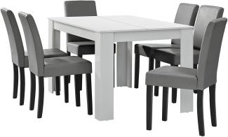 Esstisch weiß mit 6 Stühlen hellgrau [140x90]