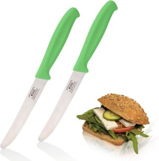 KHG 2er Set Frühstücksmesser Brötchenmesser Tomatenmesser Grün | 12 cm Klinge Edelstahl mit Wellenschliff | Tafelmesser Brotzeitmesser Vespermesser mit Fingerschutz