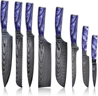 Asiatisches Edelstahl Messerset Pinku | 8-teiliges Küchenmesser Set | Kochmesser im Damast Design mit Epoxidharz Griff inkl. Geschenkbox | rostfrei & scharf | Designed in Germany
