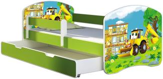 ACMA Kinderbett Jugendbett mit Einer Schublade und Matratze Grün mit Rausfallschutz Lattenrost II 140x70 160x80 180x80 (20 Bagger, 160x80 + Bettkasten)