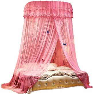 Kaiyei Moskitonetz Universal Himmelbett für Doppel, Einzel, Kinderbetten, Prinzessin Betthimmel Rund mit Klebehaken Schlafzimmer Schmetterling Dekoration Romantisch Palast Pink 150cm×200cm