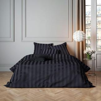 BettwarenShop Uni Mako-Satin Streifen Bettwäsche | Bettbezug einzeln 200x220 cm | schwarz