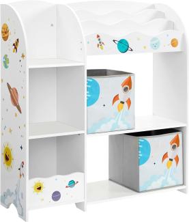 SONGMICS Kinderzimmerregal, multifunktionale Ablage mit 2 Aufbewahrungsboxen, Sticker mit Weltall-Motiven, weiß, 93 x 30 x 100 cm (LxBxH)