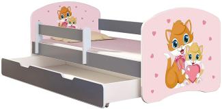 ACMA Kinderbett Jugendbett mit Einer Schublade und Matratze Grau mit Rausfallschutz Lattenrost II (33 Miezekatzen, 140x70 + Bettkasten)