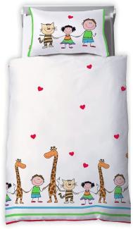 Fleuresse Dream Art Kids, Renforce-Kinder-Bettwäsche, fröhliches Kindermotiv mit Giraffen und Katzen, Hand in Hand, gestreifte Bettwäsche, weiß/bunt, 100 x 135 cm inkl. 40 x 60 cm Kissen