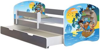 ACMA Kinderbett Jugendbett mit Einer Schublade und Matratze Grau mit Rausfallschutz Lattenrost II (21 Piraten, 140x70 + Bettkasten)
