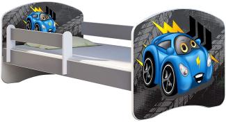 ACMA Kinderbett Jugendbett mit Einer Schublade und Matratze Grau mit Rausfallschutz Lattenrost II (04 Blaue Auto, 180x80)